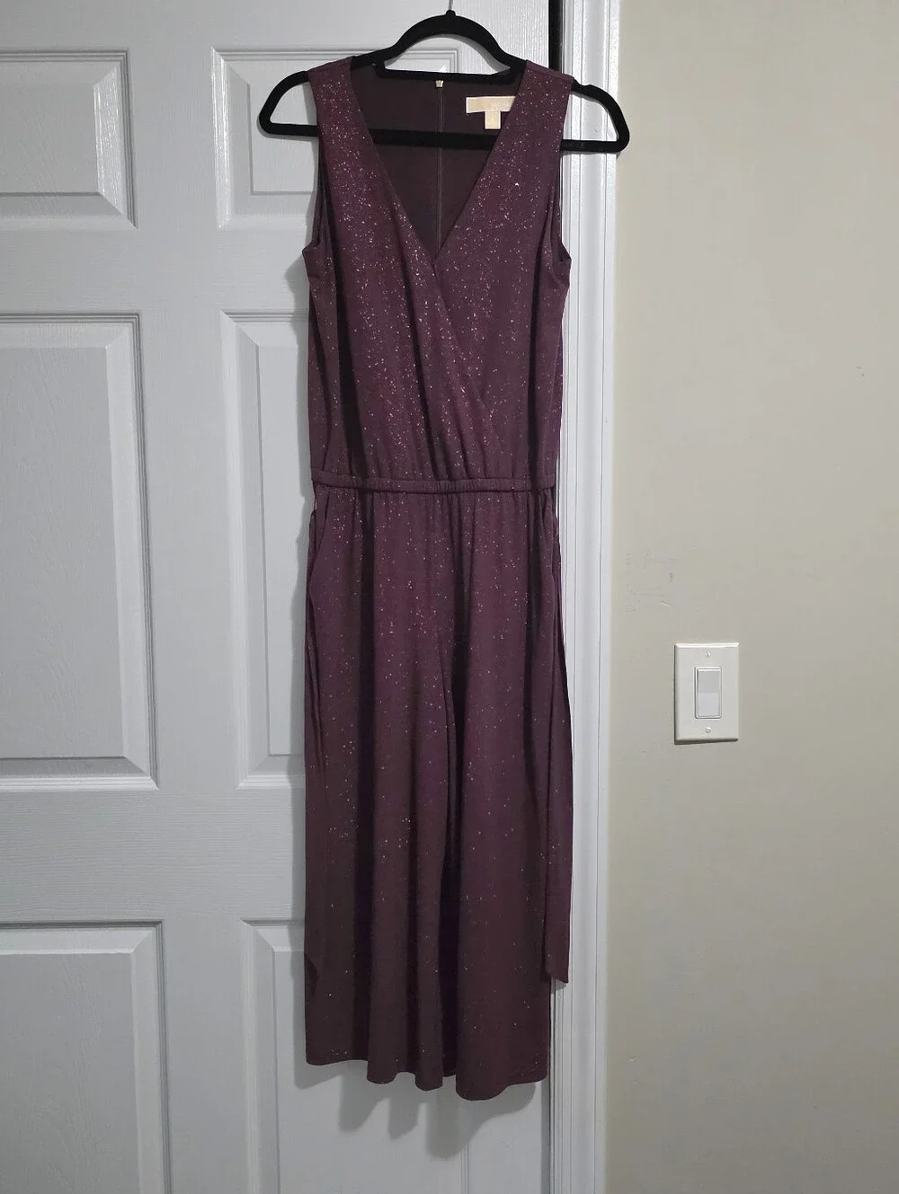 Michael Kors Glitter Sparkle Faux Wrap Belted Cropped Jumpsuit Small Mulberry